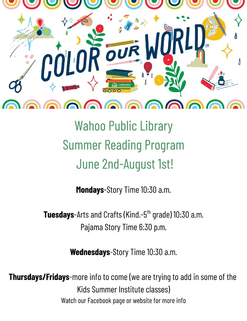 Schedule. Mondays: Story Time 10:30 a.m.; Tuesdays: Arts and Crafts (kindergarten to 5th grade, 10:30 a.m., Pajama story time 6:30 p.m.; Wednesdays: Story Time 10:30 a.m.; Thursdays/Fridays: more info to come (we are trying to add in some of the Kids Summer Institute classes). Watch our Facebook page or website for more info.